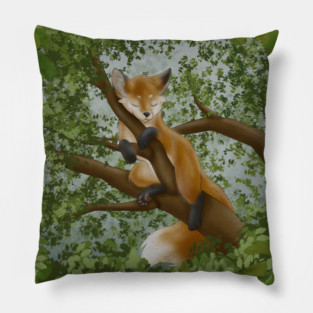 Sleepy Red Fox on a Tree Pillow