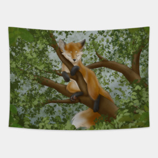 Sleepy Red Fox on a Tree Tapestry
