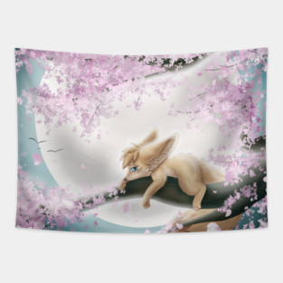 Fennec Fox on a Cherry Blossom Tree in a Fullmoon Night Tapestry