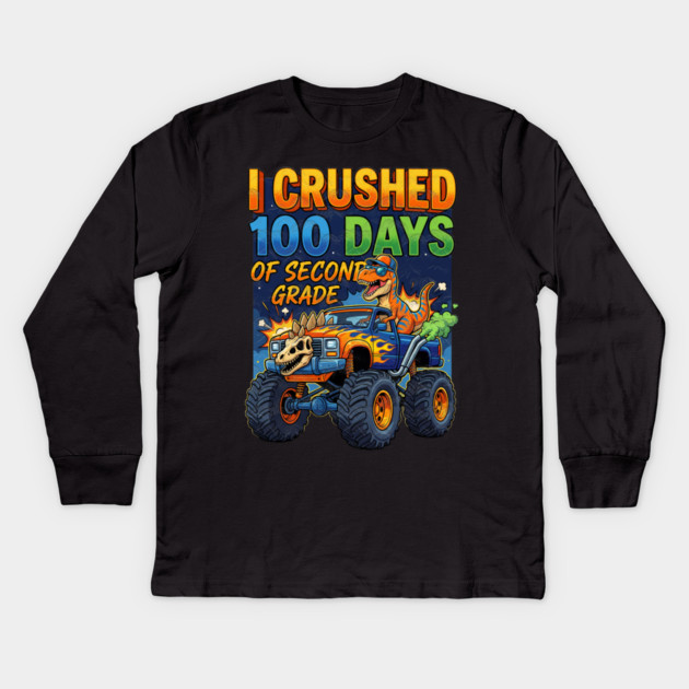 I Crushed 100 Days of Second Grade Dinosaur Kids Long Sleeve T-Shirt by Db Printed