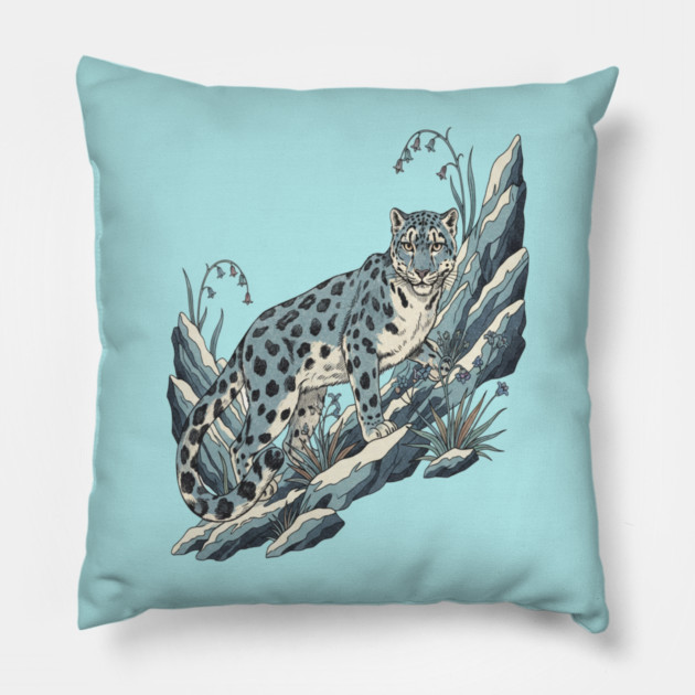 Snow Leopard Among Alpine Flowers Pillow by BirdsnStuff
