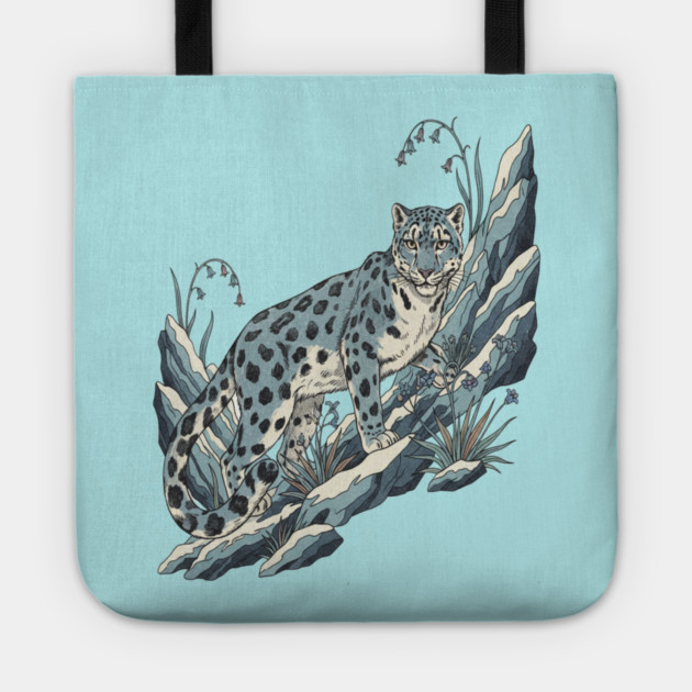 Snow Leopard Among Alpine Flowers Tote by BirdsnStuff