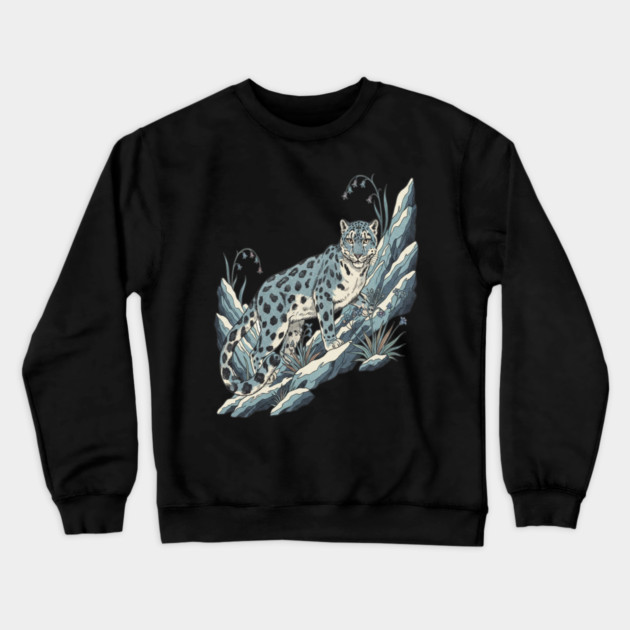 Snow Leopard Among Alpine Flowers Crewneck Sweatshirt by BirdsnStuff