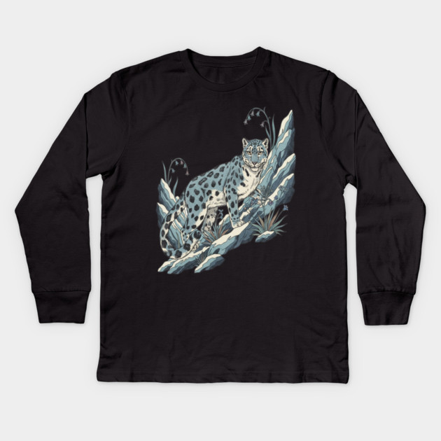 Snow Leopard Among Alpine Flowers Kids Long Sleeve T-Shirt by BirdsnStuff