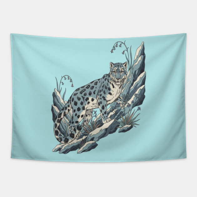 Snow Leopard Among Alpine Flowers Tapestry by BirdsnStuff