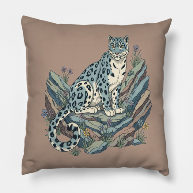 Snow Leopard with Alpine Flowers Pillow by BirdsnStuff