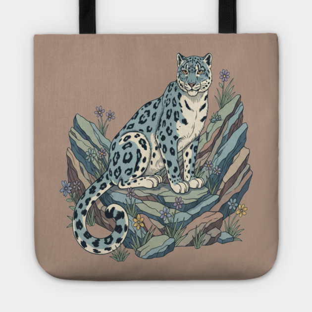 Snow Leopard with Alpine Flowers Tote by BirdsnStuff