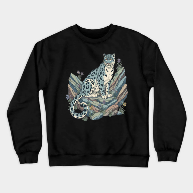 Snow Leopard with Alpine Flowers Crewneck Sweatshirt by BirdsnStuff