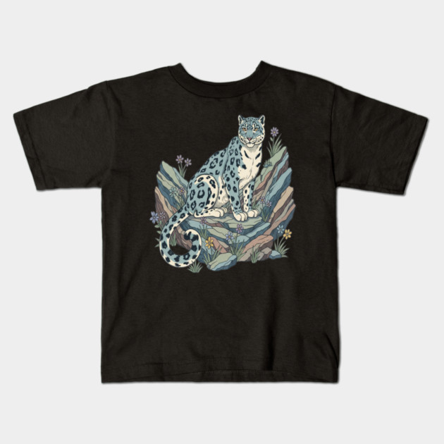 Snow Leopard with Alpine Flowers Kids T-Shirt by BirdsnStuff