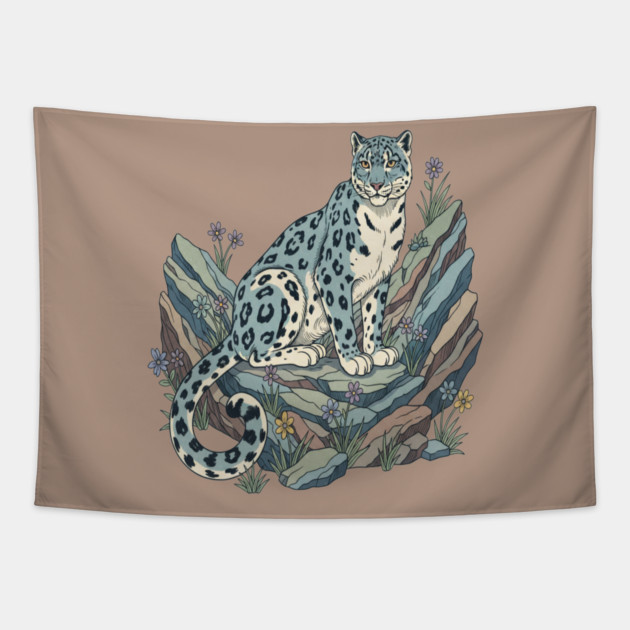 Snow Leopard with Alpine Flowers Tapestry by BirdsnStuff