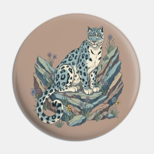 Snow Leopard with Alpine Flowers Pin