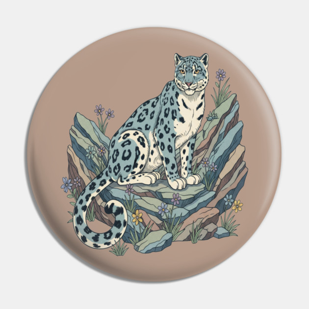 Snow Leopard with Alpine Flowers Pin by BirdsnStuff