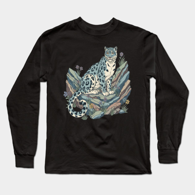 Snow Leopard with Alpine Flowers Long Sleeve T-Shirt by BirdsnStuff