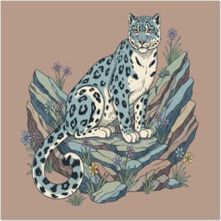 Snow Leopard with Alpine Flowers Posters and Art