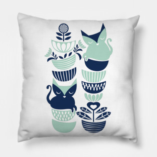 Swedish folk cats // navy blue and mint kittens Pillow