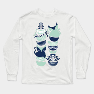 Swedish folk cats // navy blue and mint kittens Long Sleeve T-Shirt