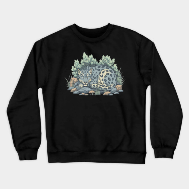 Sleeping Snow Leopard in Alpine Grass Crewneck Sweatshirt by BirdsnStuff