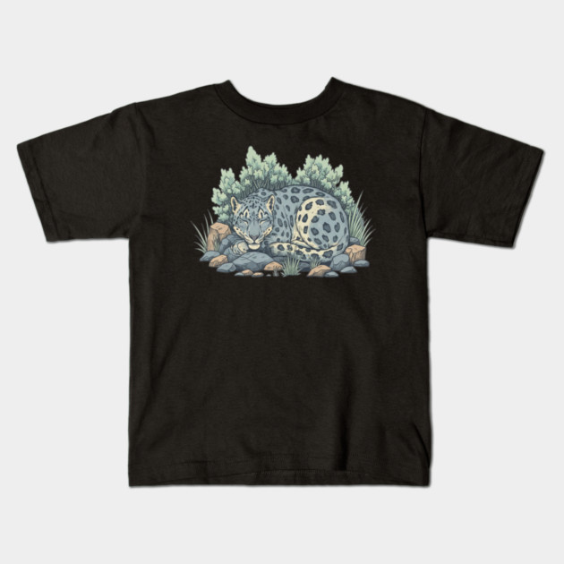 Sleeping Snow Leopard in Alpine Grass Kids T-Shirt by BirdsnStuff