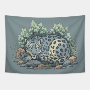 Sleeping Snow Leopard in Alpine Grass Tapestry