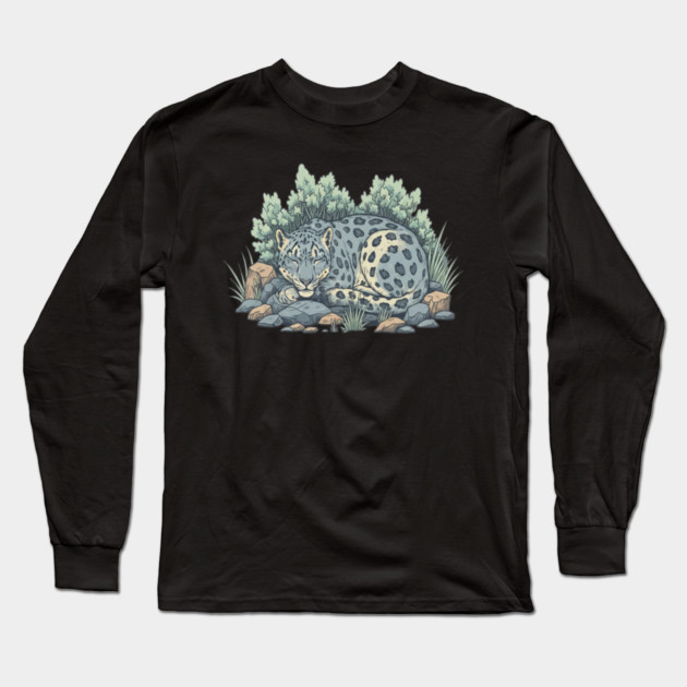 Sleeping Snow Leopard in Alpine Grass Long Sleeve T-Shirt by BirdsnStuff