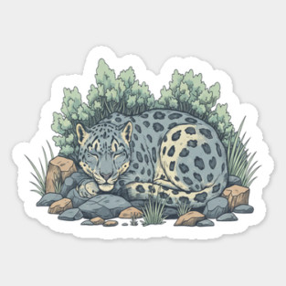 Sleeping Snow Leopard in Alpine Grass Sticker