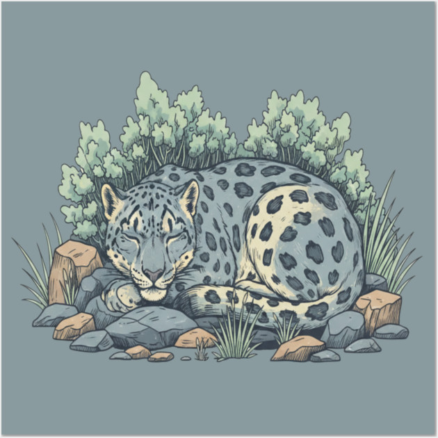 Sleeping Snow Leopard in Alpine Grass Wall Art by BirdsnStuff