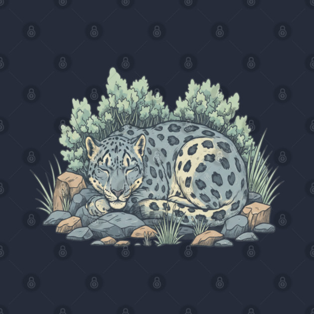 Sleeping Snow Leopard in Alpine Grass by BirdsnStuff