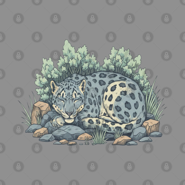 Sleeping Snow Leopard in Alpine Grass by BirdsnStuff