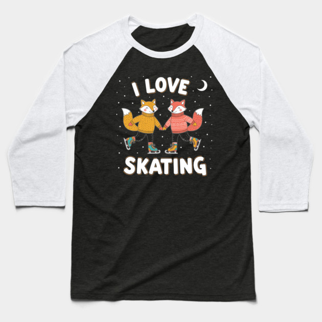 Cute Fox Couple Ice Skating: I Love Skating! Baseball T-Shirt by enrynz