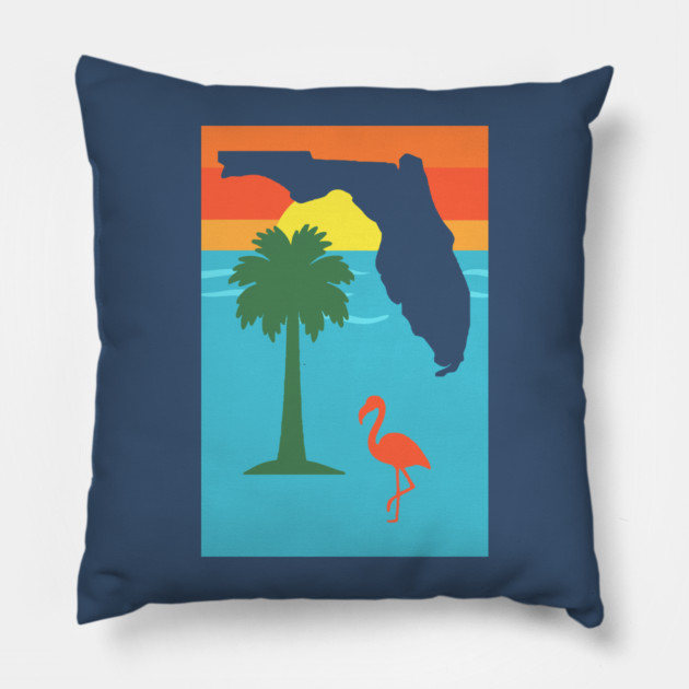 Florida Sunset Palm Tree and  Flamingo Retro Graphic Pillow by DonWillisJrArt