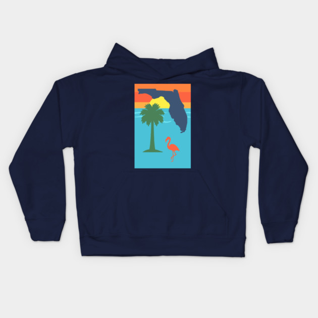Florida Sunset Palm Tree and  Flamingo Retro Graphic Kids Hoodie by DonWillisJrArt