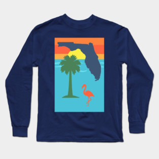 Florida Sunset Palm Tree and  Flamingo Retro Graphic Long Sleeve T-Shirt