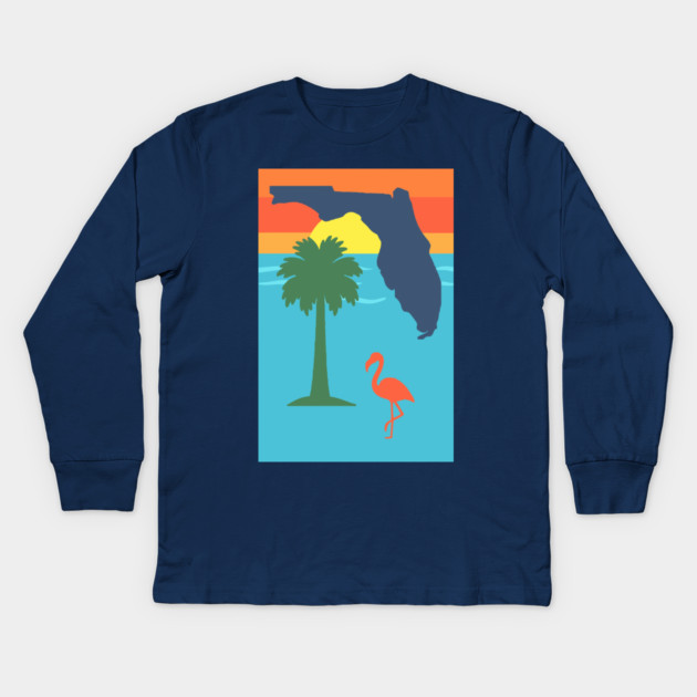Florida Sunset Palm Tree and  Flamingo Retro Graphic Kids Long Sleeve T-Shirt by DonWillisJrArt