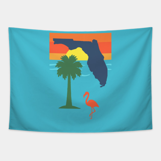 Florida Sunset Palm Tree and  Flamingo Retro Graphic Tapestry by DonWillisJrArt