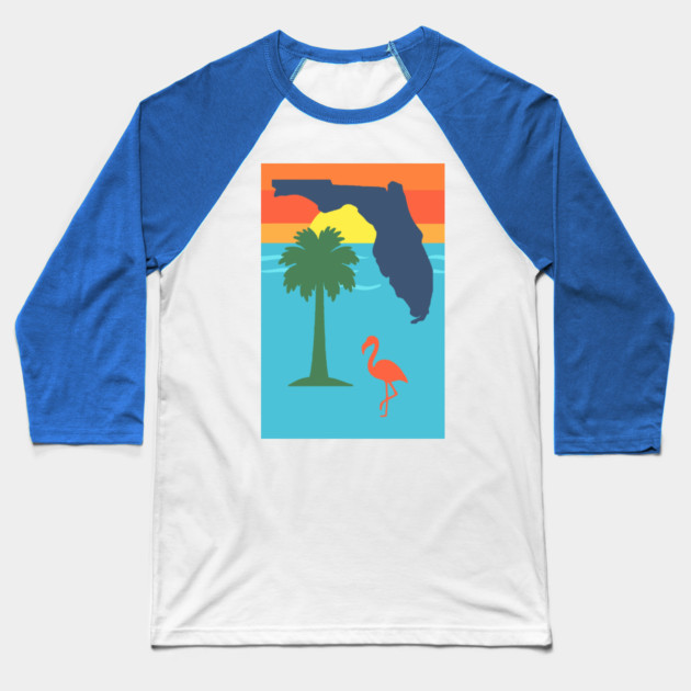 Florida Sunset Palm Tree and  Flamingo Retro Graphic Baseball T-Shirt by DonWillisJrArt