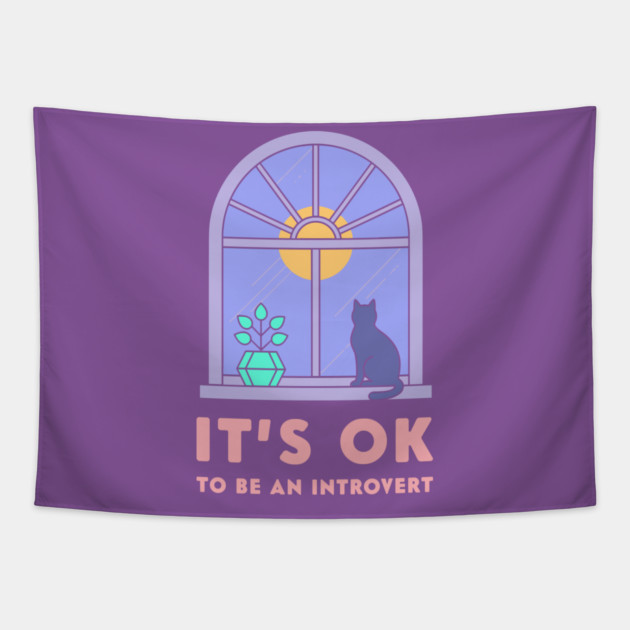 It's Okay to Be an Introvert - Cute Cat Window Sunset Tapestry by enrynz