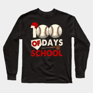 Baseball Theme 100 Days of School Graphic with Bat, Glove and Helmet Long Sleeve T-Shirt