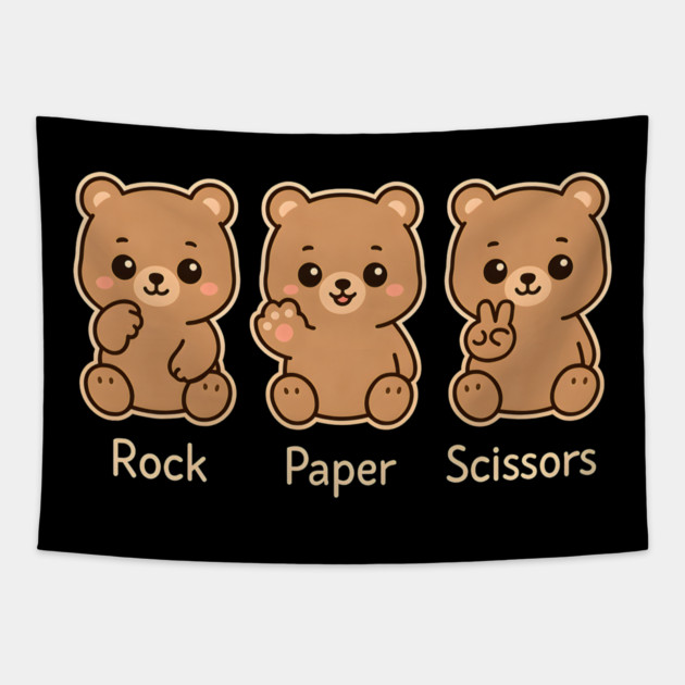 Rock Paper Scissors Bear – Cute Kawaii Bear Paw Humor Design Tapestry by MakerMind8.2