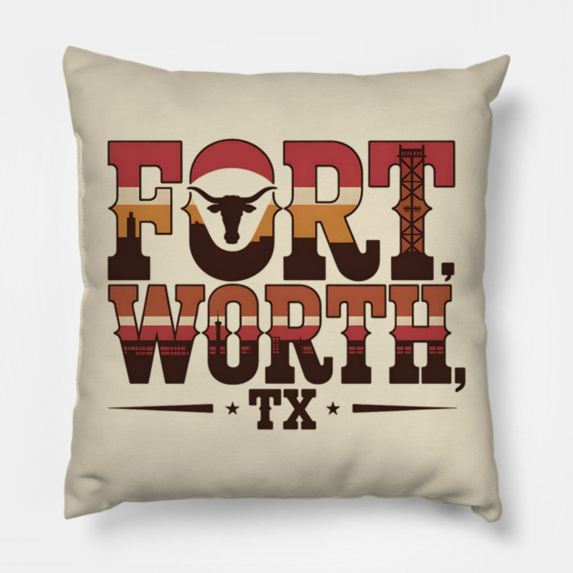 Stockyards Fort Worth Texas - Downtown Cowtown Retro Vintage Longhorn Pillow by Pixel Threads 
