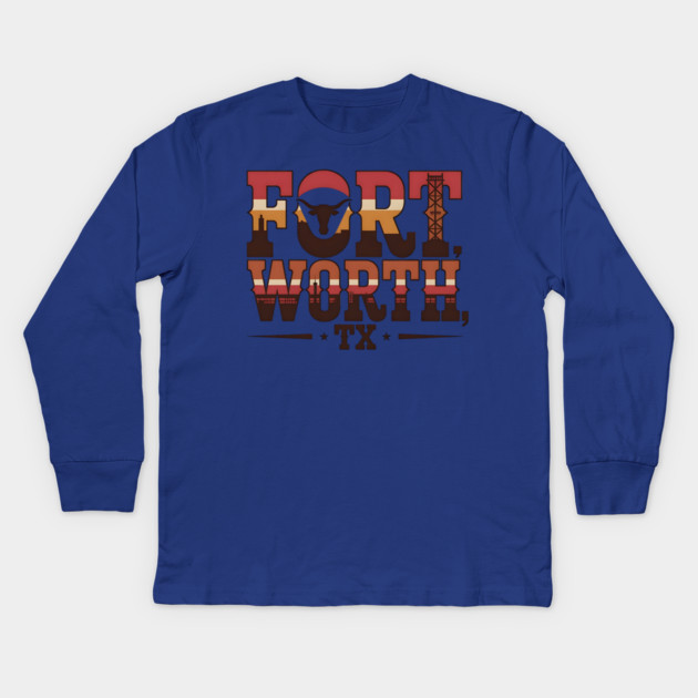 Stockyards Fort Worth Texas - Downtown Cowtown Retro Vintage Longhorn Kids Long Sleeve T-Shirt by Pixel Threads 