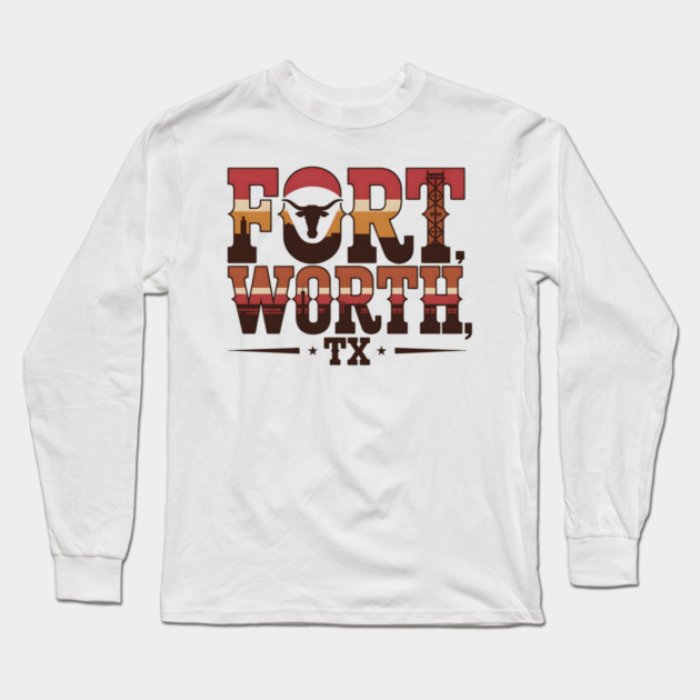 Stockyards Fort Worth Texas - Downtown Cowtown Retro Vintage Longhorn Long Sleeve T-Shirt by Pixel Threads 