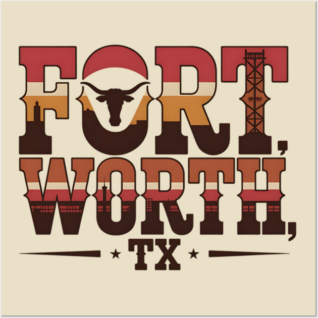 Stockyards Fort Worth Texas - Downtown Cowtown Retro Vintage Longhorn Wall Art by Pixel Threads 