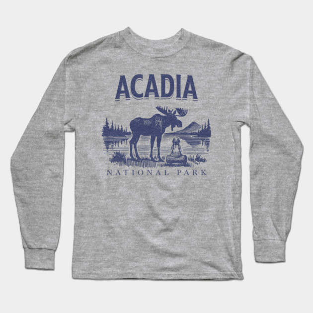 Acadia National Park, Vintage Moose Souvenir Long Sleeve T-Shirt by Pixel Threads 