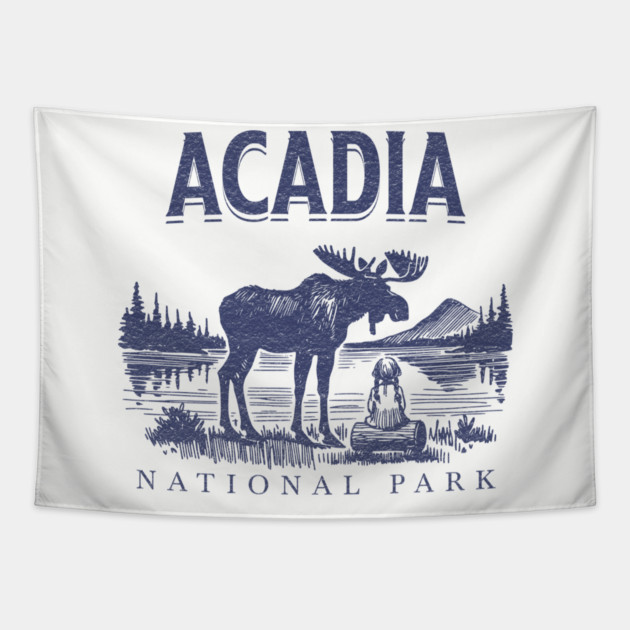 Acadia National Park, Vintage Moose Souvenir Tapestry by Pixel Threads 