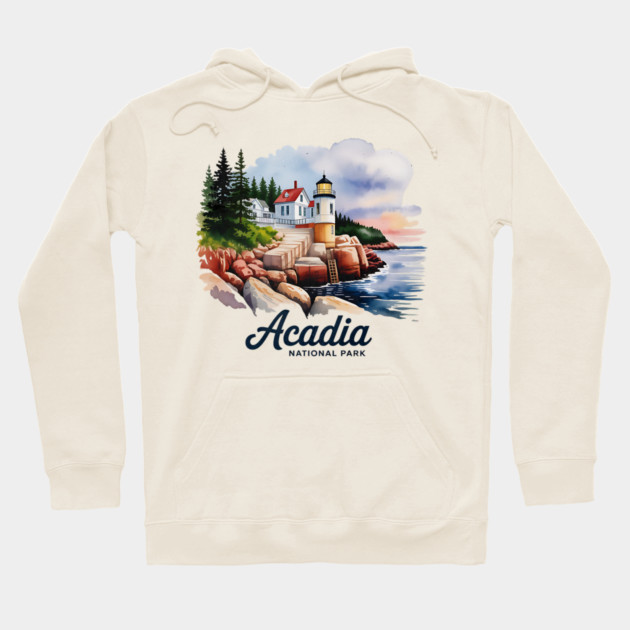 Acadia National Park Bass Harbor Lighthouse Watercolor Souvenir Design Hoodie by Pixel Threads 
