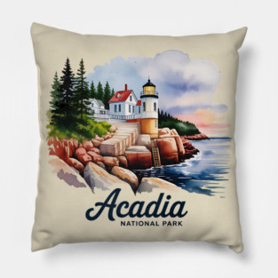 Acadia National Park Bass Harbor Lighthouse Watercolor Souvenir Design Pillow