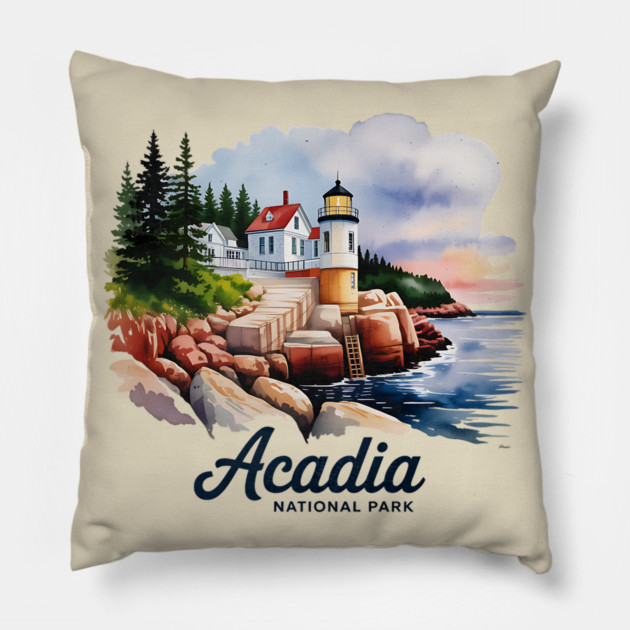 Acadia National Park Bass Harbor Lighthouse Watercolor Souvenir Design Pillow by Pixel Threads 