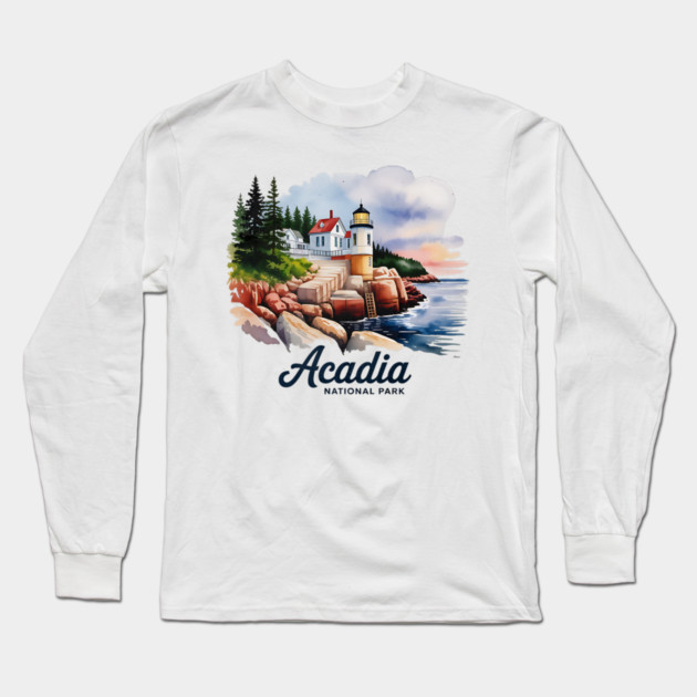 Acadia National Park Bass Harbor Lighthouse Watercolor Souvenir Design Long Sleeve T-Shirt by Pixel Threads 