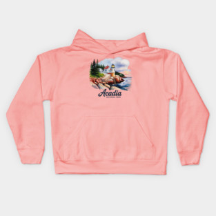 Acadia National Park Bass Harbor Lighthouse Watercolor Souvenir Design Kids Hoodie