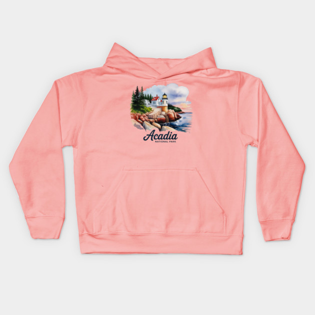Acadia National Park Bass Harbor Lighthouse Watercolor Souvenir Design Kids Hoodie by Pixel Threads 
